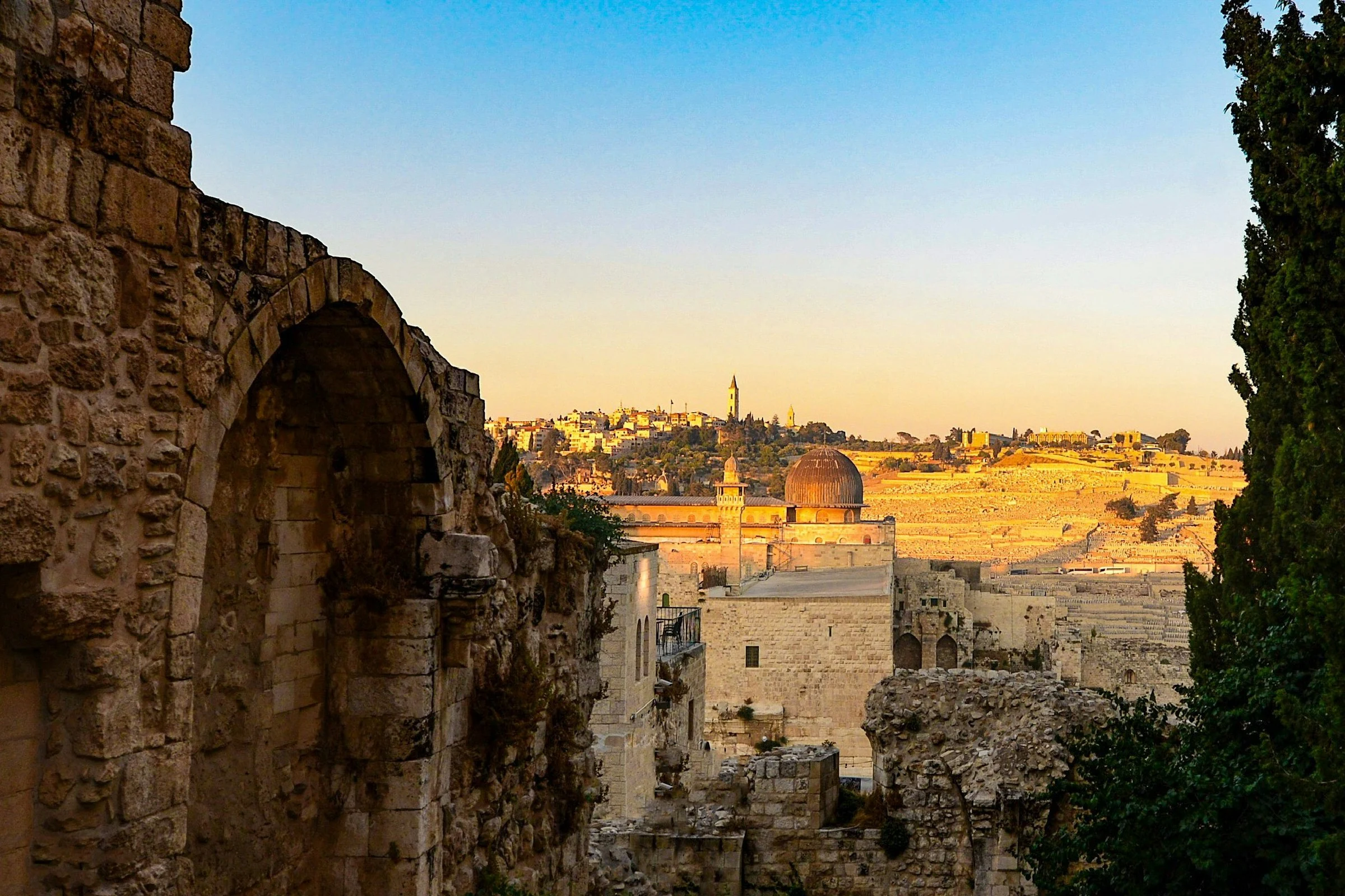 The Old City of Jerusalem glowing in warm evening light